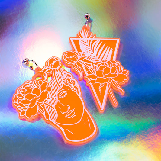 Large neon orange tropical flower boi hoops