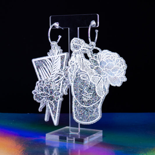 Large holographic glitter tropical flower boi hoops