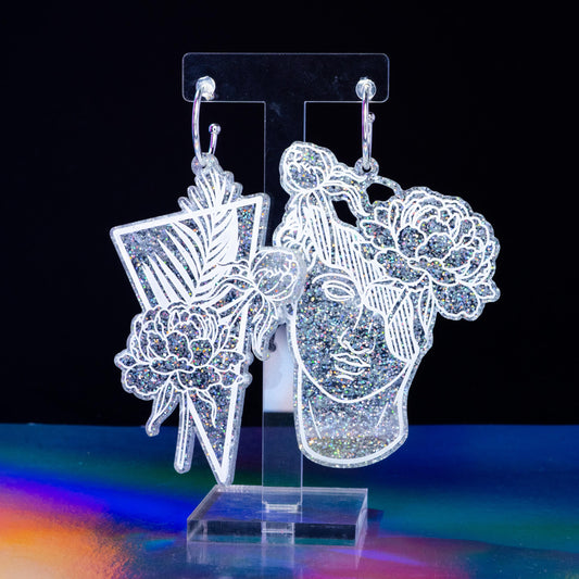 Large holographic glitter tropical flower boi hoops