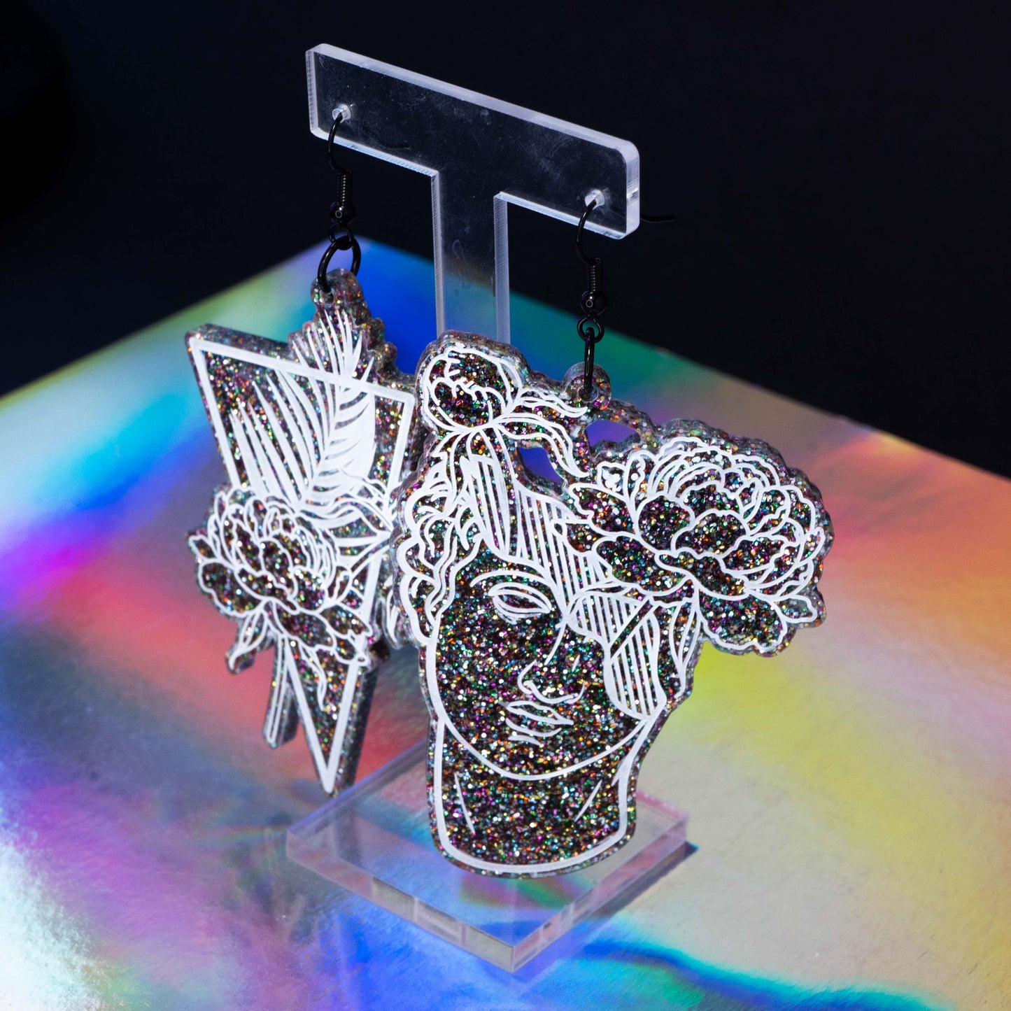 Large black colorful glitter tropical flower boi hooks