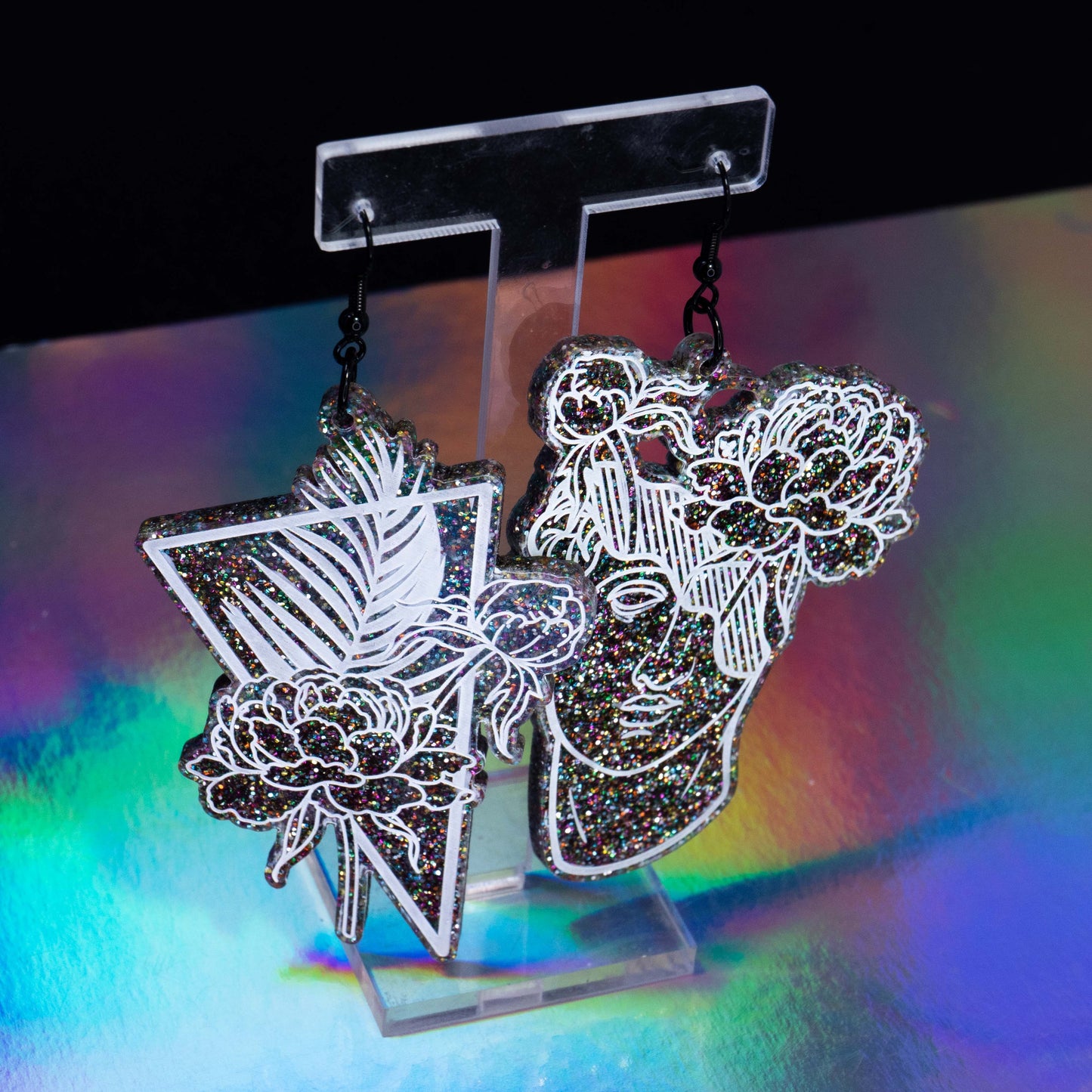 Large black colorful glitter tropical flower boi hooks