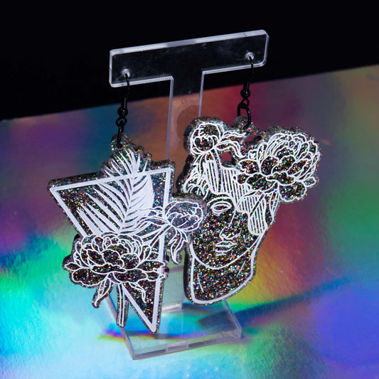 Large black colorful glitter tropical flower boi hooks