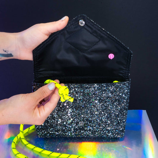Glitter bag (acid yellow + black/white strap)