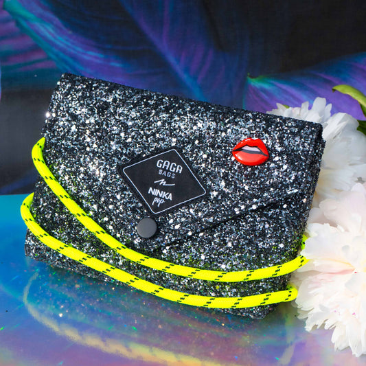 Glitter bag (acid yellow + black/white strap)