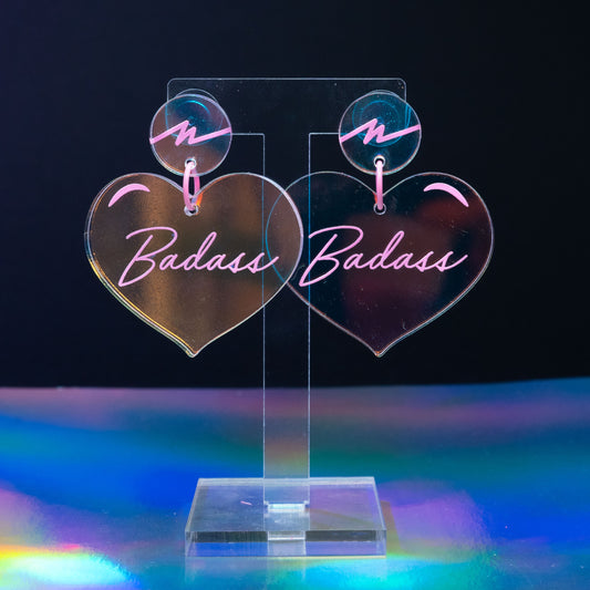 Iridescent badass pink heart dangles