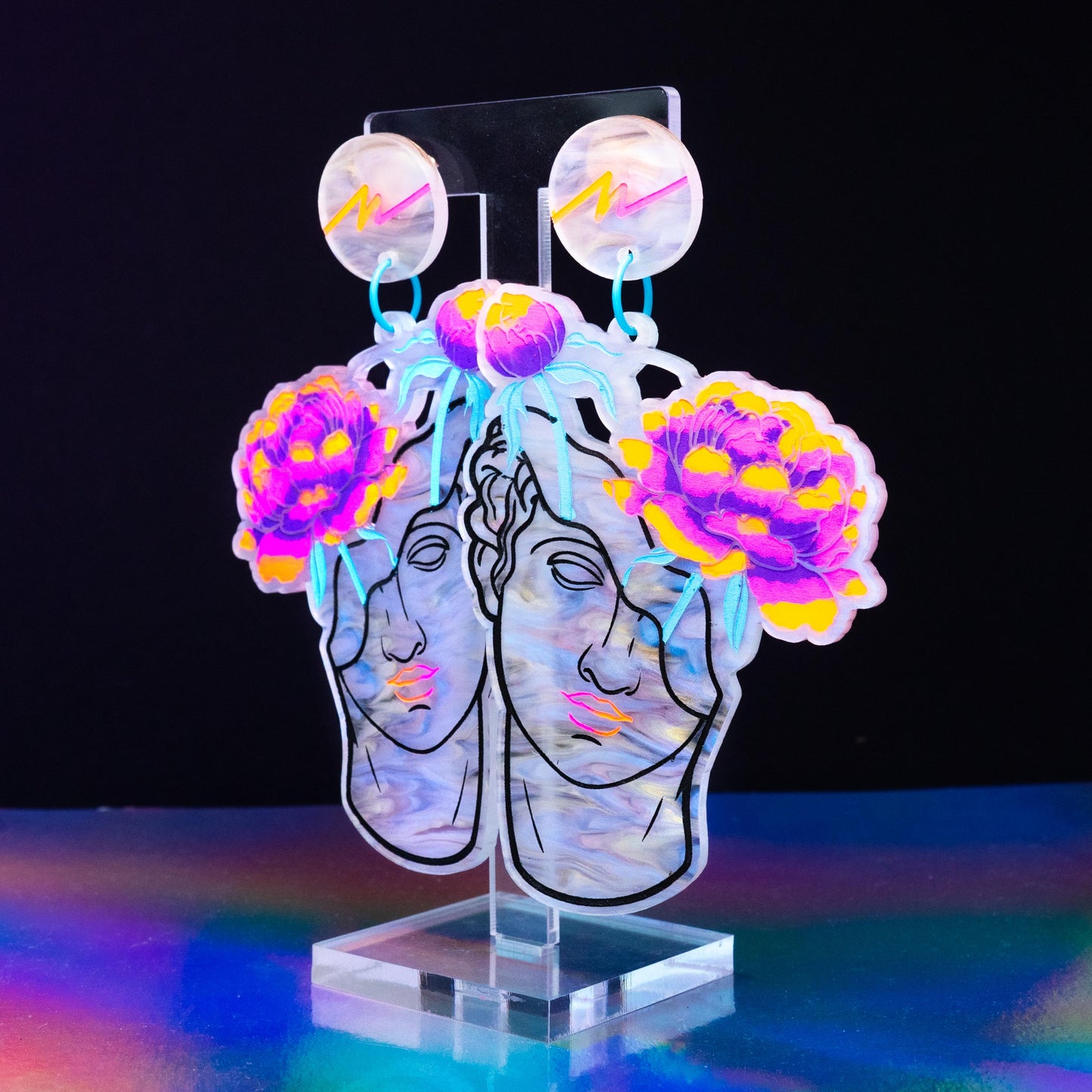 Large marble iridescent neon flower boi dangles