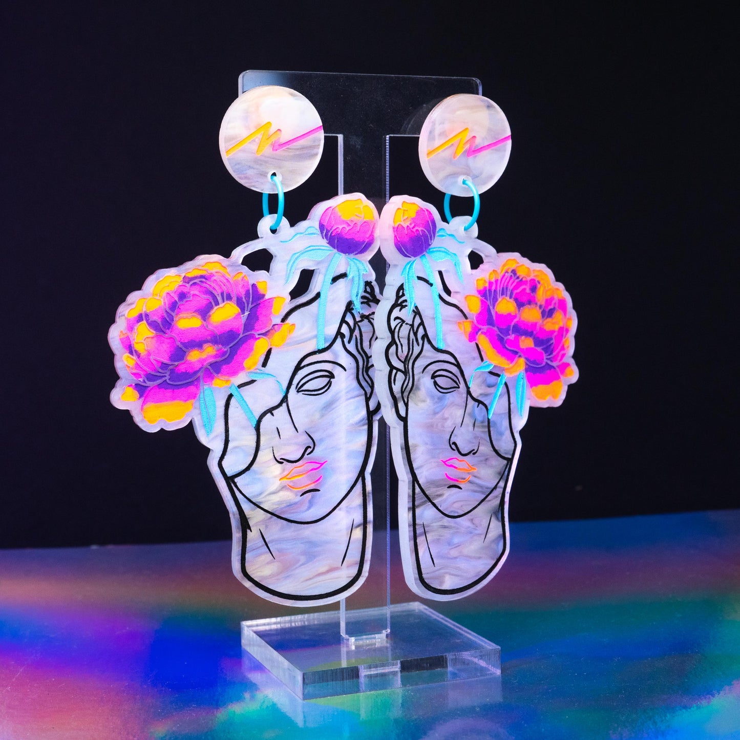 Large marble iridescent neon flower boi dangles