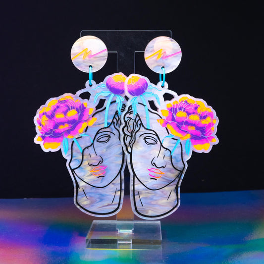 Large marble iridescent neon flower boi dangles
