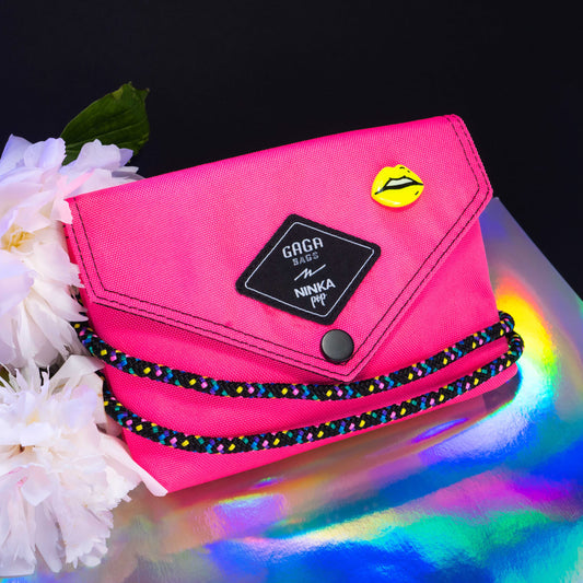 Pink bag (black multi + neon yellow strap)