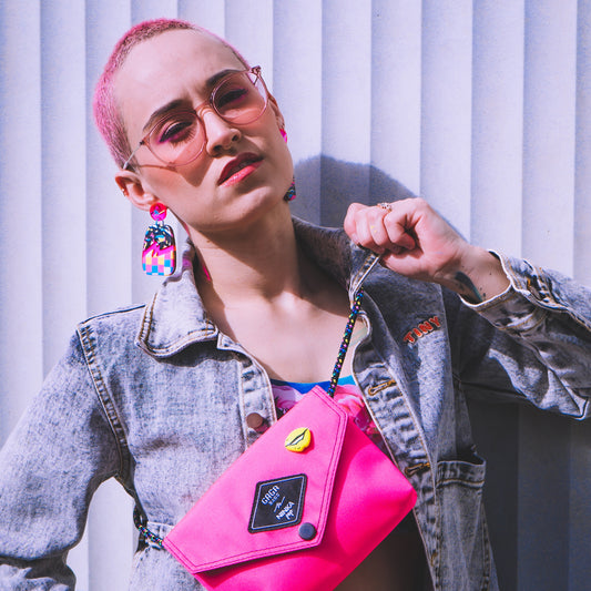 Pink bag (black multi + neon yellow strap)