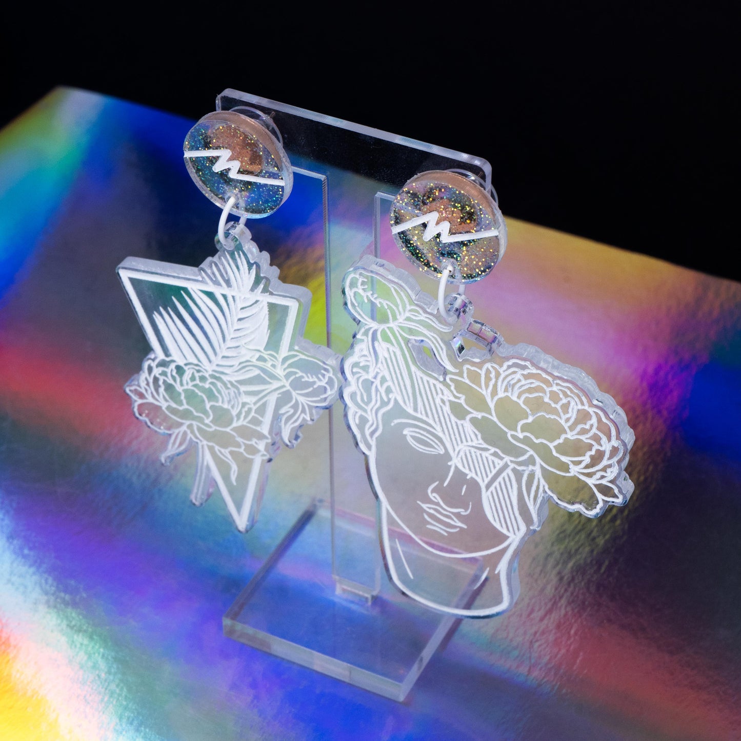 Large transparent glitter tropical flower boi dangles