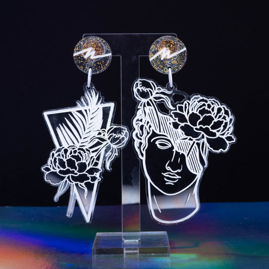 Large transparent glitter tropical flower boi dangles