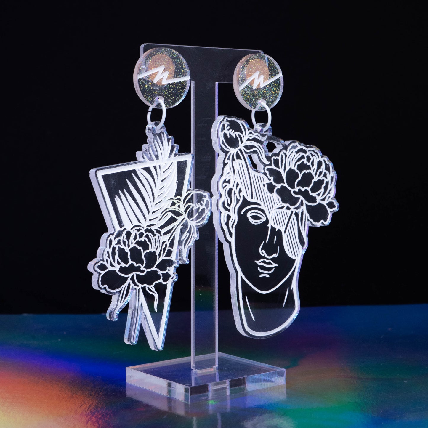 Large transparent glitter tropical flower boi dangles