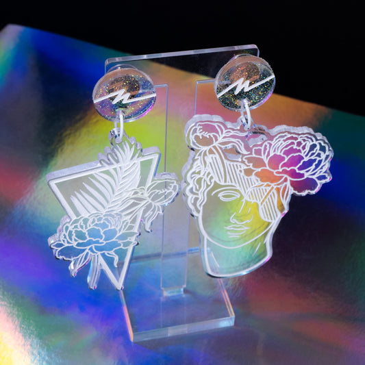 Large transparent glitter tropical flower boi dangles