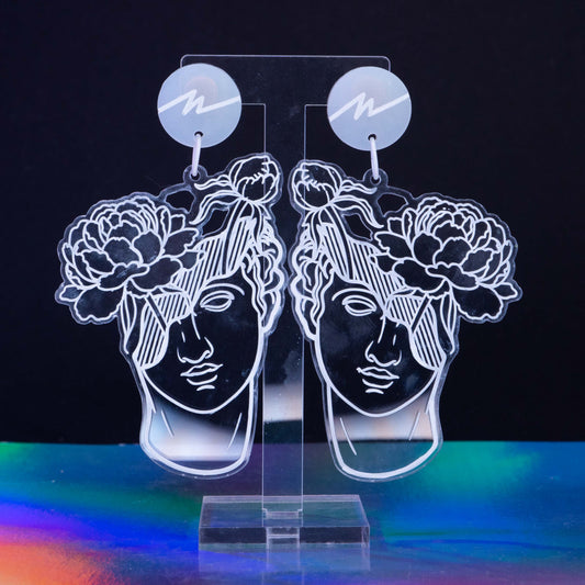 Large transparent & white flower boi dangles