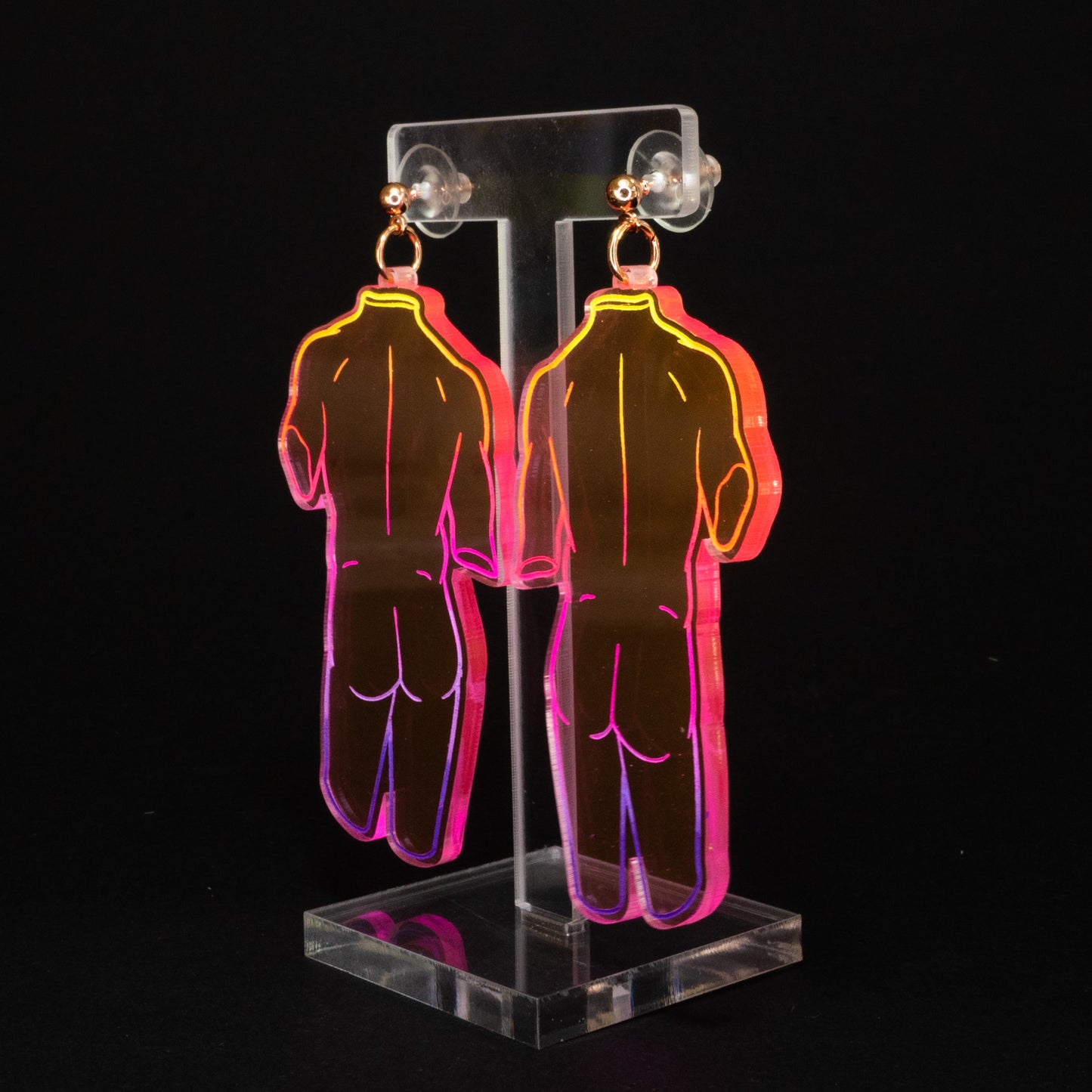 Neon pink rainbow naked boi statue dangles