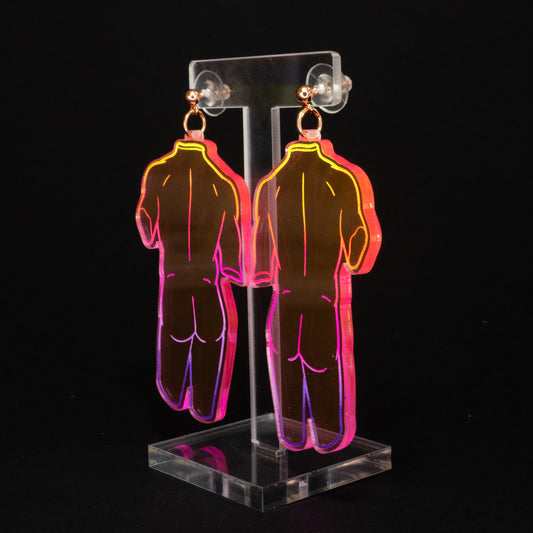 Neon pink rainbow naked boi statue dangles