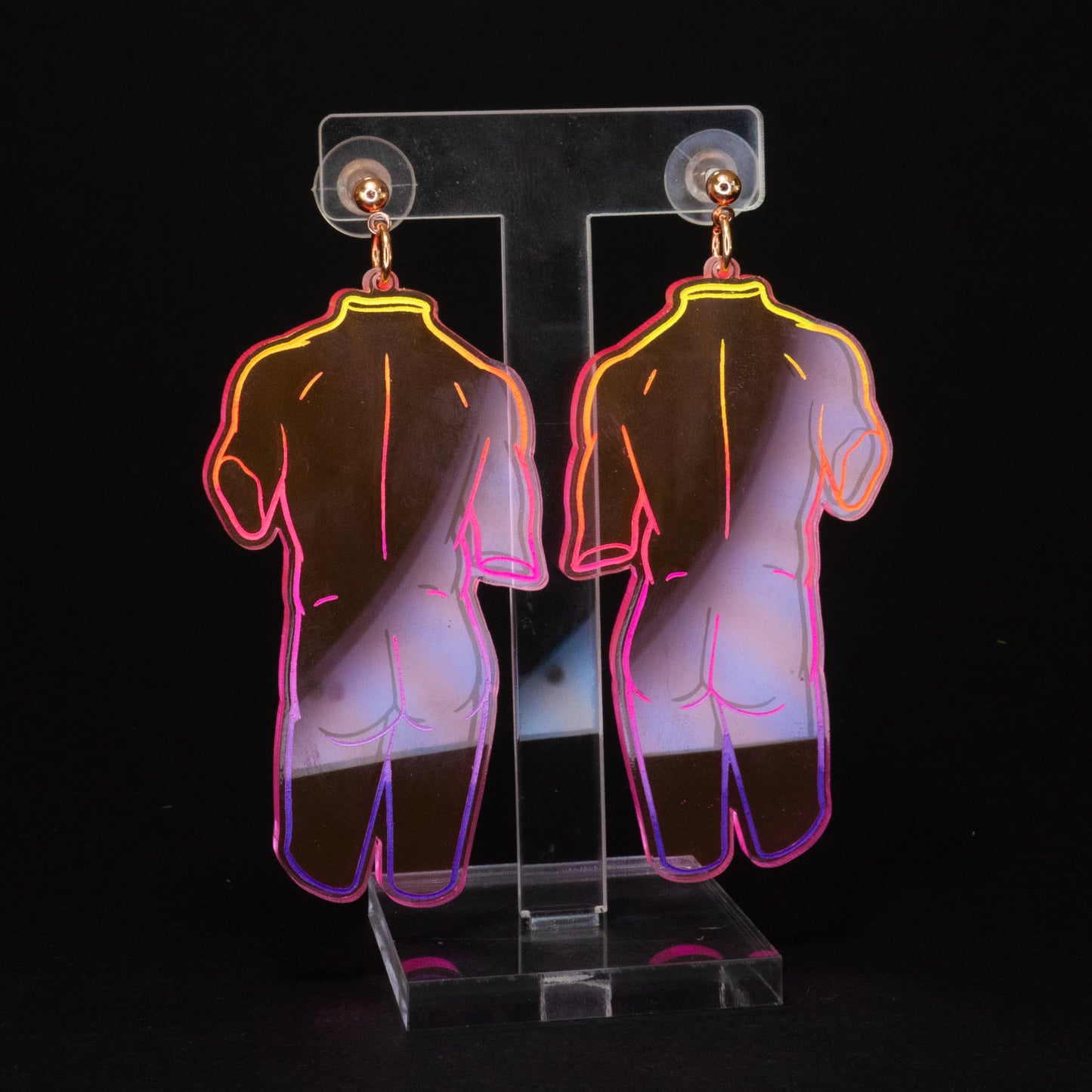 Neon pink rainbow naked boi statue dangles