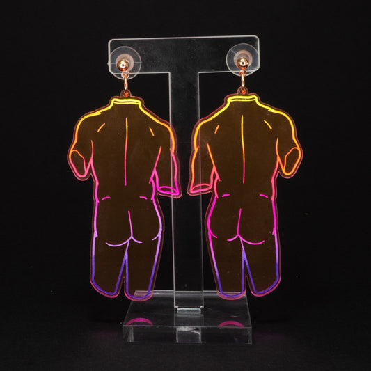 Neon pink rainbow naked boi statue dangles