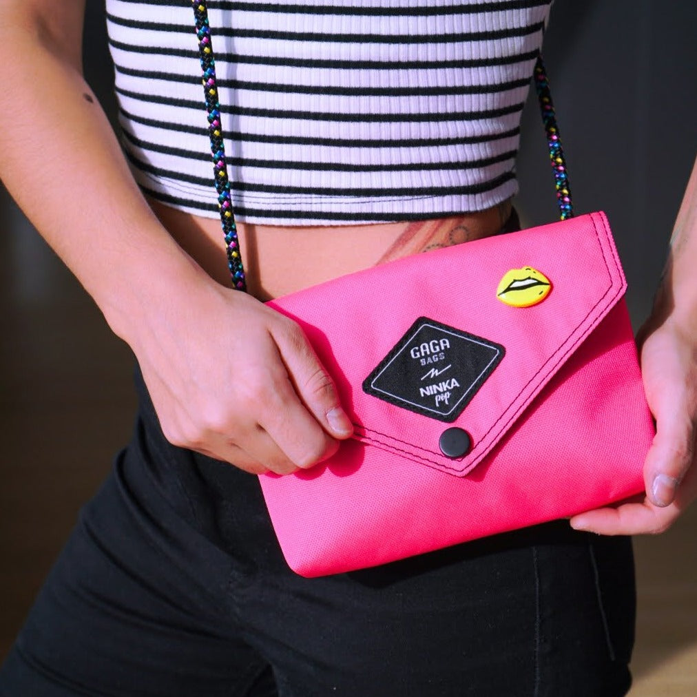 Pink bag (black multi + neon yellow strap)