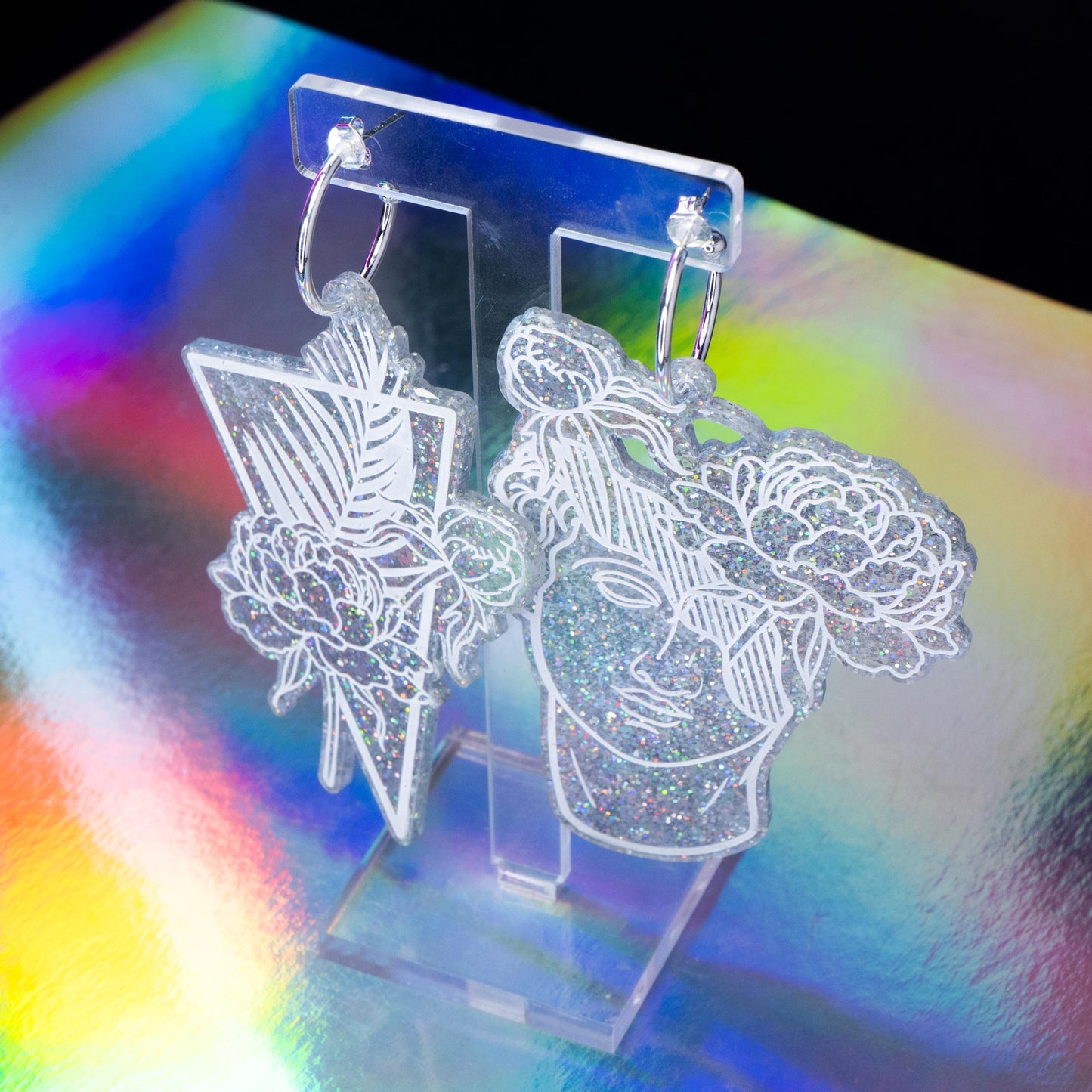 Large holographic glitter tropical flower boi hoops