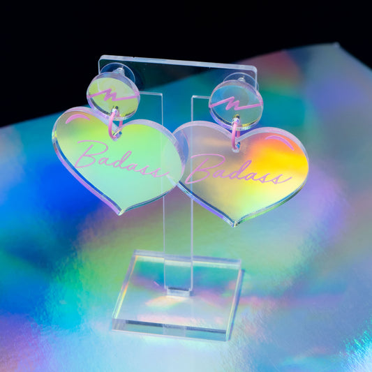 Iridescent badass pink heart dangles
